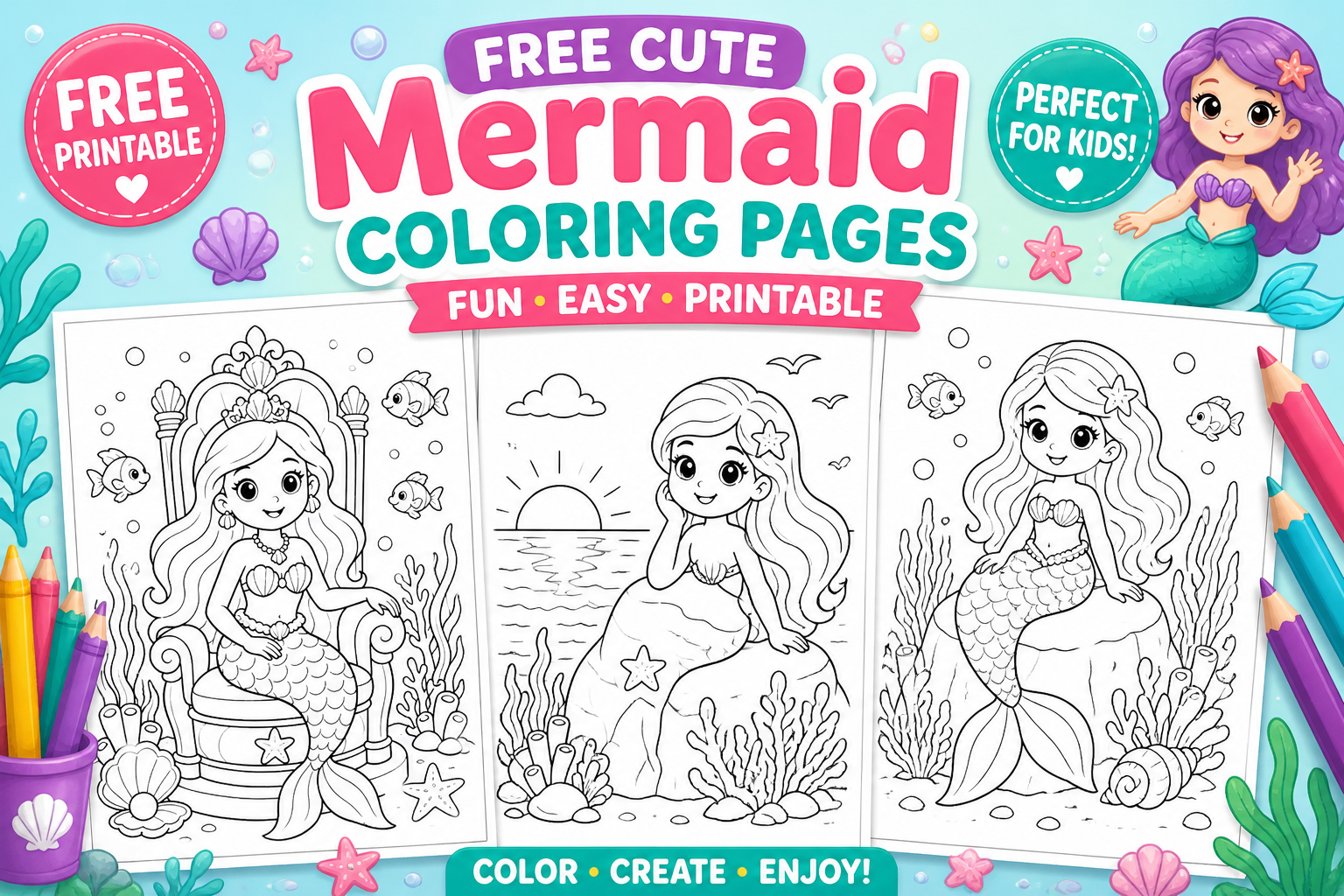 Free Cute Mermaid Coloring Pages
